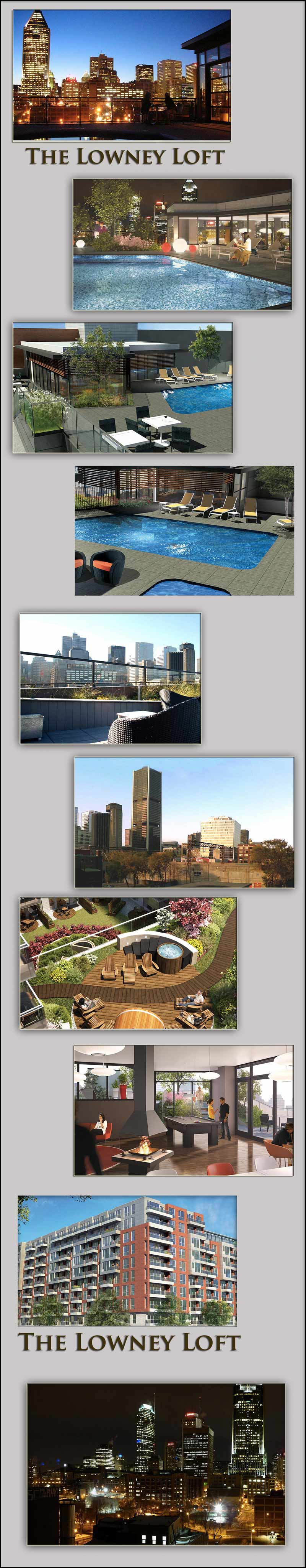 downtown luxury condos Montreal - rooftop infinity pool, jacuzzi, terrace, and fantastic Montreal night time skyline